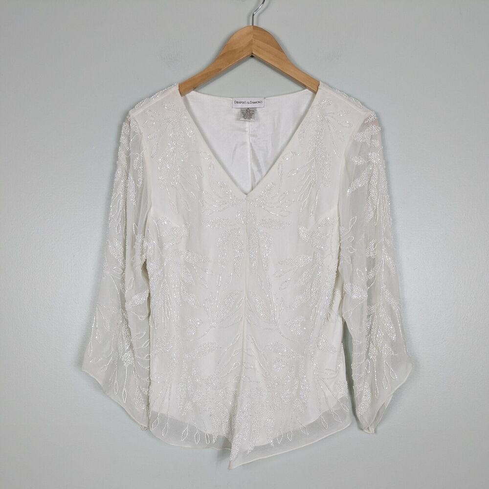 Fairy Sleeve Beaded Top S White Cream Y2K Chiffon Vneck Cocktail Evening Retro